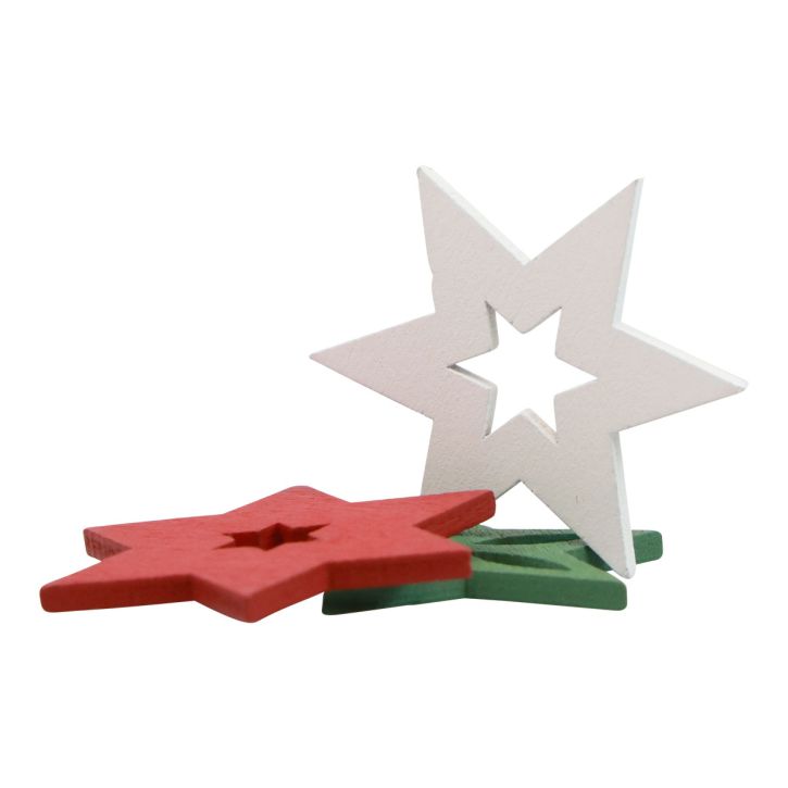 daiktų Taškinė dekoracija Kalėdinės medinės žvaigždės raudona/balta/žalia Ø3,5cm 72vnt