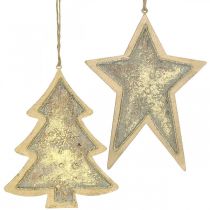 daiktų Metaliniai pakabukai eglė ir žvaigždė, eglutės papuošimai, kalėdinė puošmena auksinė, senovinė išvaizda H15.5 / 17cm 4vnt.