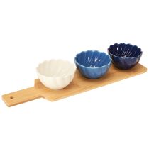 daiktų Tapų rinkinys su keraminiais dubenėliais ant padėklo mėlynos ir baltos spalvos 40×10cm