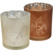 Stiklo žibintuvėlis, arbatinės žvakutės stiklas su lapų motyvu, rudens dekoracija Ø8cm A9cm 2vnt.