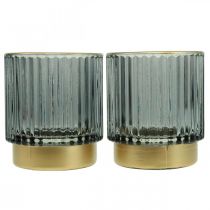 Žibinto stiklo briaunotas arbatinės žvakidės laikiklis auksinis/pilkas H8cm 2vnt
