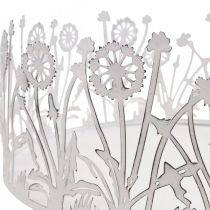 daiktų Dekoratyvinis padėklas su kiaulpienėmis, metalinė puošmena pavasario baltumui, sidabrinė shabby chic Ø25cm H10.5cm