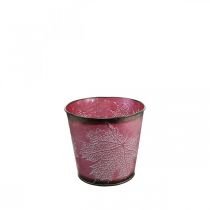 daiktų Dekoratyvinis vazonas sodinimui, skardinis kibiras, metalo apdaila su lapų raštu vyno raudona Ø14cm H12.5cm