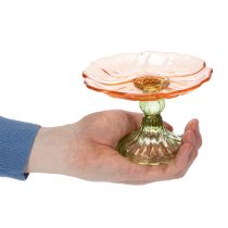 daiktų Dekoratyvinė stiklinė lėkštė su kojele, gėlių raštas stilingai stalo puošybai ir vasaros dekorui, 15 cm