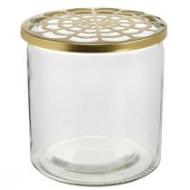 Vaza su metaliniu dangteliu, įkišamasis pagalbinis įtaisas, stiklinė vaza su kištuku, stalo puošmena H15cm Ø15cm