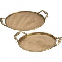 Senovinis padėklas, dekoratyvinis padėklas auksinis, žvakių padėklas H2cm Ø25/21cm rinkinys iš 2 vnt.