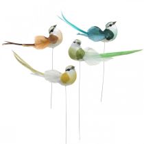 Deco paukšteliai, pavasario puošmena, paukščiukai su plunksnomis, vasara, paukščiukai ant vielos, spalvingi H3,5cm 12 vnt.