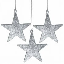 Kalėdinės dekoracijos žvaigždės pakabukas sidabro blizgučiai 9cm 12vnt