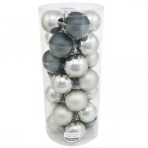 daiktų Kalėdinis kamuolys, eglutės pakabukas, eglutės puošmena juoda/sidabrinė/perlamutras H6,5cm Ø6cm tikras stiklas 24 vnt.