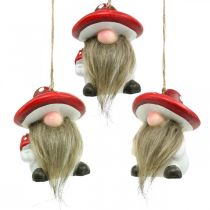 Dekoratyvinė gnome keramika pakabinti su grybų kepure raudona, balta H8cm 4vnt