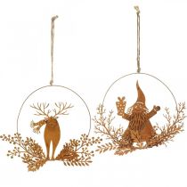 daiktų Dekoratyvinis žiedas Kalėdoms, elnias žiede, Kalėdų Senelis su dovana, metalo puošmena patina Ø18cm rinkinys iš 2 vnt.