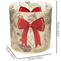 daiktų Stiklinė žvakidė su raudonu kaspinu ir žiemos šakelėmis, 15 cm