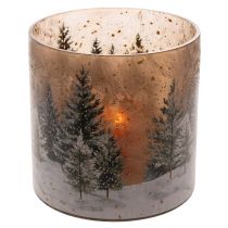 daiktų Stiklinė žvakutė su žiemos mišku sniege, kalėdinė dekoracija, 20 cm