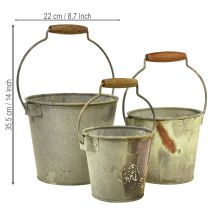 daiktų Dekoratyviniai metaliniai kibirėliai rūdžių spalvos, vintažiniai, Ø15/17,5/22 cm, 3 vnt. rinkinys