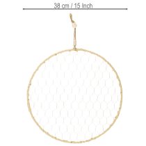 daiktų Dekoratyvinis metalinis žiedas Ø38cm, kabantis dekoras, rafija, sidabras, natūralus, bohemiškas sienų dekoras, universalus dekoravimas, 4 dalys