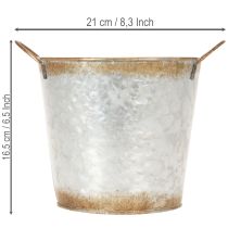 daiktų Dekoratyvinis vazonas su rankenomis, sodinimo kibiras, metalinis indas, sidabro spalvos, sendinto plieno, Ø17cm, aukštis 16,5cm