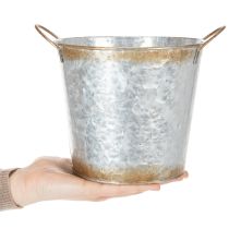 daiktų Dekoratyvinis vazonas su rankenomis, sodinimo kibiras, metalinis indas, sidabro spalvos, sendinto plieno, Ø17cm, aukštis 16,5cm