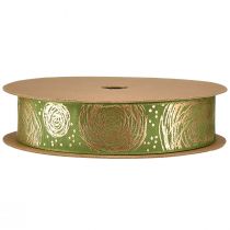 daiktų Dovanų juostelė su auksinėmis rožėmis Žalia juvelyrinė juostelė 25mm 15m