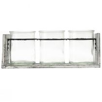 daiktų Kaimiško stiklo taros rinkinys pilkame ir baltame mediniame stove - 27,5x9x11 cm - Universalus laikymo ir dekoratyvus sprendimas