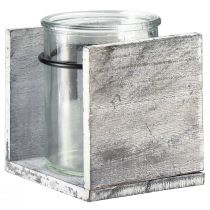 daiktų Stiklinė žvakutė kaimiškame mediniame rėmelyje – pilka ir balta, 10x9x10 cm – žavinga stalo puošmena