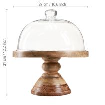 daiktų Medinė lėkštė su stikliniu kupolu, dekoratyvinis stiklinis varpelis, Ø27cm, aukštis31cm