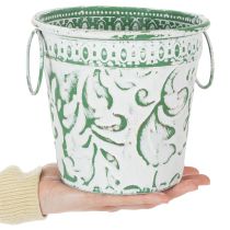 daiktų Metaliniai vazonai su rankenėlėmis, vazonai su įspaudu, balti, žali, shabby chic stiliaus, aukštis 20,5/18,5/16 cm, Ø 25,5/20,5/15,5 cm, 3 vnt. rinkinys