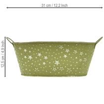 daiktų Ovalus metalinis dubuo su žvaigždutėmis ir rankenėlėmis, žalias, 31 × 16 cm, aukštis 12,5 cm