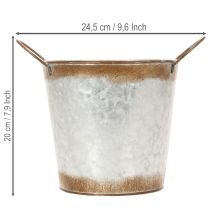 daiktų Metalinis vazonas, gėlių dubuo, augalų vazonas su sidabrinėmis rankenomis, sendinto plieno apdaila, Ø18 cm, aukštis 20 cm