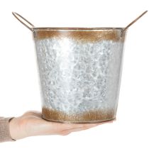 daiktų Metalinis vazonas, gėlių dubuo, augalų vazonas su sidabrinėmis rankenomis, sendinto plieno apdaila, Ø18 cm, aukštis 20 cm