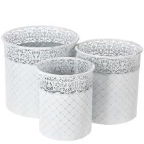 daiktų Augalų vazonas su nėrinių raštu, metalinis indas, dekoratyvinis kibiras, balta, sidabrinė, shabby chic spalvos, aukštis 28/25,5/23,5 cm, Ø 29,5/25,5/20 cm, 3 vnt. rinkinys