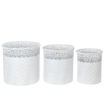 daiktų Augalų vazonas su nėrinių raštu, metalinis indas, dekoratyvinis kibiras, balta, sidabrinė, shabby chic spalvos, aukštis 28/25,5/23,5 cm, Ø 29,5/25,5/20 cm, 3 vnt. rinkinys