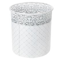 daiktų Augalų vazonas su nėrinių raštu, metalinis indas, dekoratyvinis kibiras, balta, sidabrinė, shabby chic spalvos, aukštis 28/25,5/23,5 cm, Ø 29,5/25,5/20 cm, 3 vnt. rinkinys
