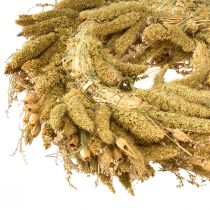 daiktų Dekoratyvinis džiovintas vainikas su zirneliais ir soromis, geltonai alyvuogių žalios spalvos, natūralaus kaimiško stiliaus, Ø28 cm, universalus sienų ir stalo papuošimas.