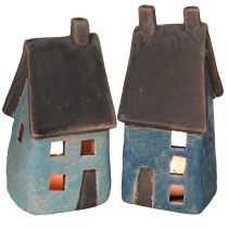 daiktų Žibintų namelis keraminis namas mėlynai rudas H15,5/17,5cm 2 vnt