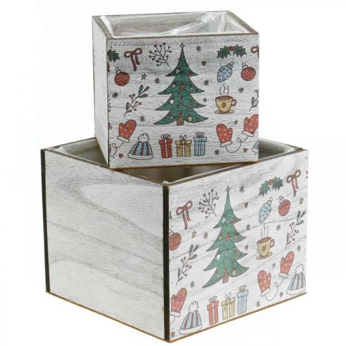 daiktų Medinis vazonas kalėdinis papuošimas baltas, spalvotas 20 × 20/15 × 15 cm, rinkinyje 2 vnt.