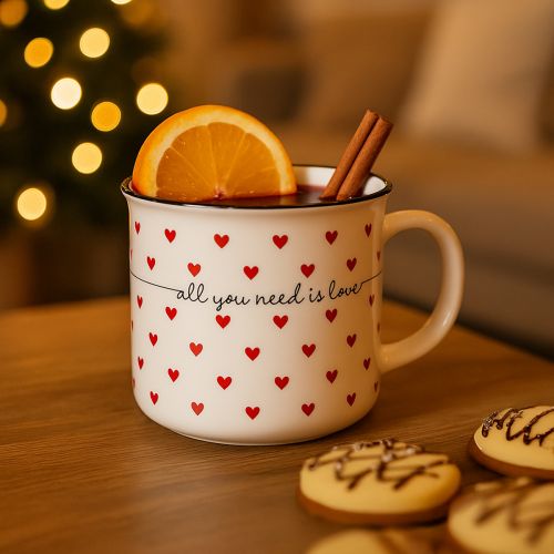 Floristik24 Keraminis puodelis su širdelėmis, baltas-raudonas, Ø9cm, aukštis9cm