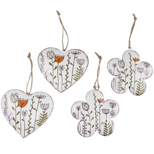 daiktų Pakabinama dekoracija metalo dekoravimo širdelės ir gėlės baltos 10cm 4vnt