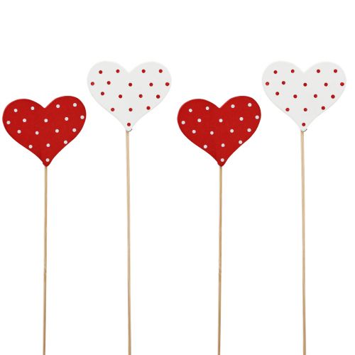 Širdelės raudonai baltai taškuoti gėlių kamščiai mediniai 6×5cm 18vnt