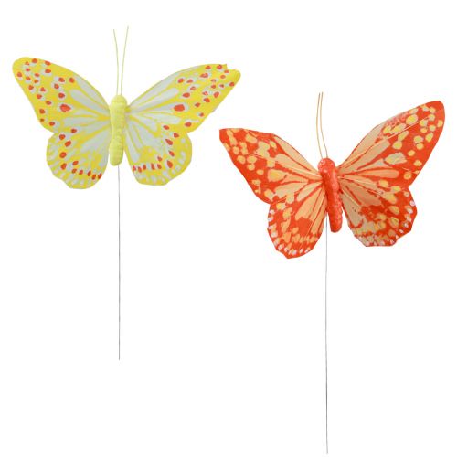 Floristik24 Dekoratyviniai drugeliai ant vielinių plunksnų oranžinė geltona 7×11cm 12vnt