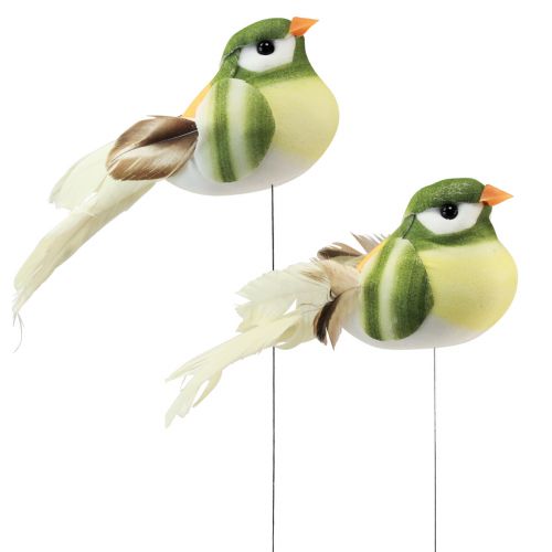 Floristik24 Plunksninis paukštis ant vielos dekoratyvinis paukštis su plunksnomis žalias oranžinis 4cm 12vnt