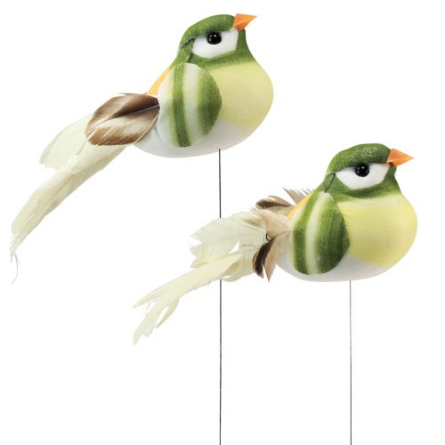 Floristik24 Plunksninis paukštis ant vielos dekoratyvinis paukštis su plunksnomis žalia oranžinė 4cm 12 vnt