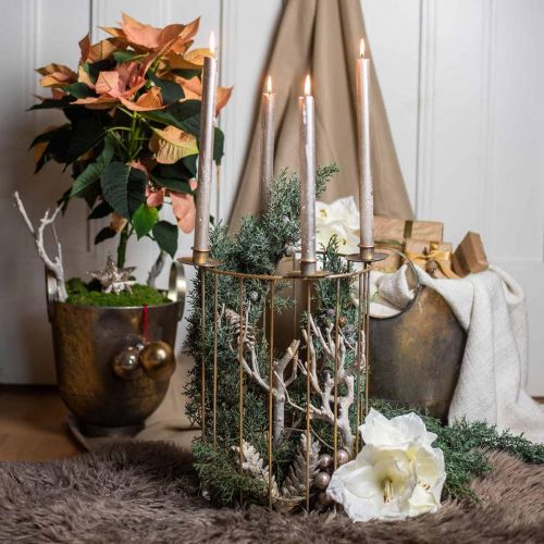 Floristik24 Advento vainikas užpildyti, žvakidė Kalėdoms, metalo apdaila auksinė, senovinė išvaizda Ø26cm H39cm