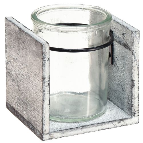 Floristik24 Žvakės laikiklis iš stiklo kaimiškame mediniame rėmelyje - pilkai baltas, 10x9x10cm - žavinga stalo puošmena 3 vnt.