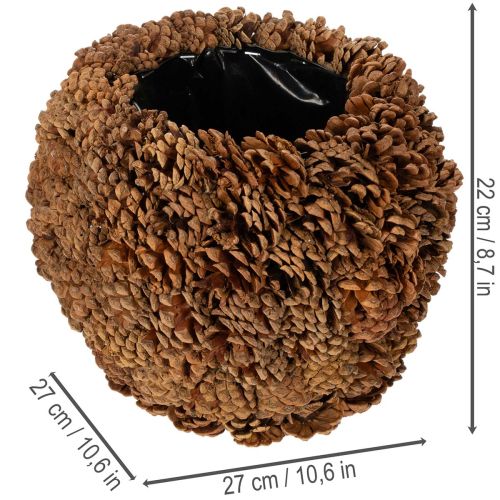 Dekoratyvinis vazonas su pušies kankorėžiais, natūralios išvaizdos, 27 cm. Apvalus kankorėžio vazonas, natūralios rudos spalvos, pagamintas iš pušies kankorėžių, 27 cm x 22 cm. | Floristik24.lt