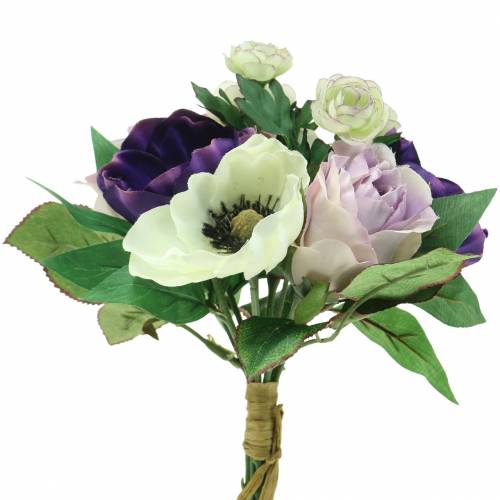 Floristik24 Puokštė su anemonais ir rožėmis violetinė, kreminė 30cm