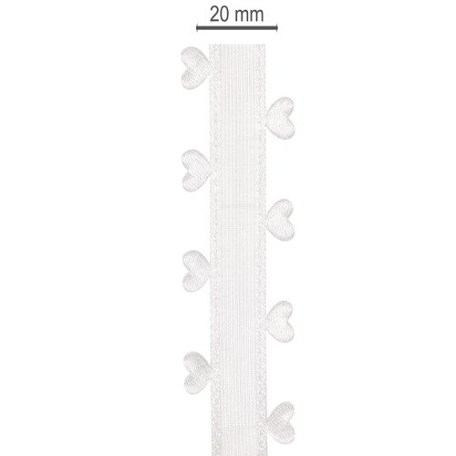 Dekoratyvinė balta juostelė su širdelėmis kūrybinėms rankdarbių idėjoms, 20 mm x 15 m | Floristik24.lt