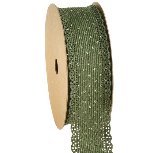 Floristik24 Dovanų juostelė Žalia juostelė taškeliai ir nėriniai 38mm 10mm