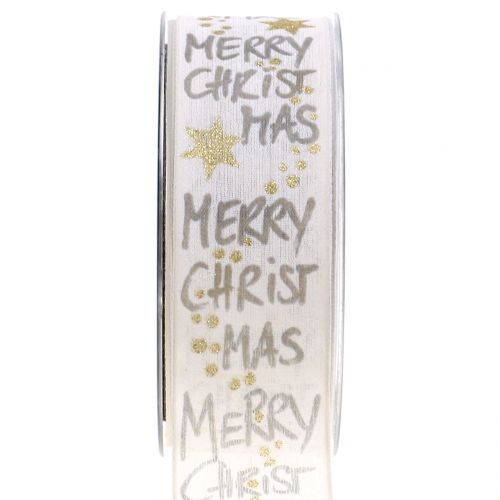 Floristik24 Juostelė &quot;Merry Christmas&quot; balta, auksinė 40mm 20m