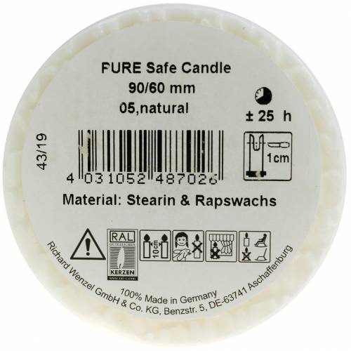 daiktų PURE Nature Safe Candle stulpelis žvakių stearinas, rapsų vaškas 90/60mm balta 1 vnt.