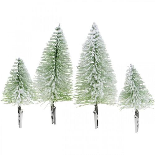 Floristik24 Kalėdų puošmena Kalėdų eglutė su sniego segtukais žalia H13/19cm 4 vnt